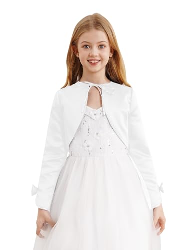 Girl's Satin Long Sleeve Flower Girl Bolero Shrug Short Formal Jacket Open Front Cardigan Shawl3