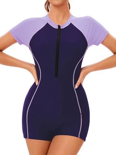 Yihuimin Women Sun Protection Swimsuit Athletic Wetsuit Rash Guard Bathing Suit Zipper Short Sleeve Bodysuit Purple Medium