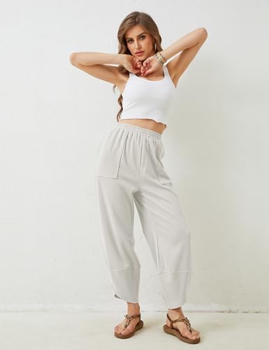 Image of Himosyber Women Cotton Pants Wide Leg Pants Casual Loose Baggy Elastic Waist Beach Palazzo Harem Pants