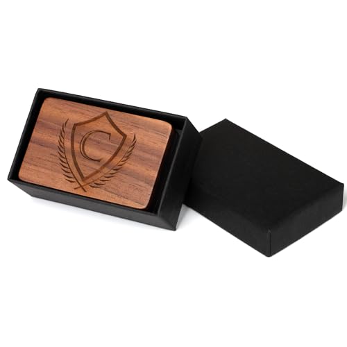 Image of Mens Initial Cufflinks and Tie Clip A-Z Alphabet Letter Black Stainless Cuff Links Tie Bar with Engraved Walnut Wood Box Groom Groomsman Wedding Set