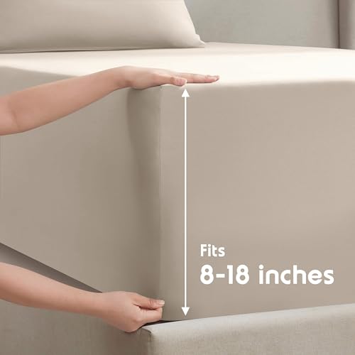 Image of Nestl Split King Bed Sheet Set - Beige Cream - 5-Piece Deep Pocket | Instantly Soft, Night-One Ready (No Wash Required). Fits 16-Inch Deep Pockets, 360-Degree Elastic Grip
