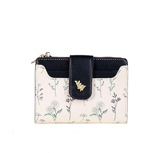 Wallet for Women, Flower Cute Wallet Card Holder, Slim Bifold Leather Pocket Credit Card Wallet with Zipper Coin Pocket (Black)
