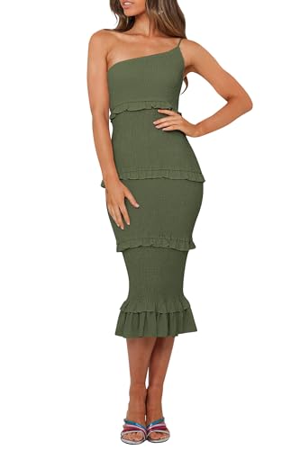 Image of PRETTYGARDEN Women's Summer Midi Bodycon Dresses One Shoulder Strappy Tiered Ruffle Floral Boho Sun Dress