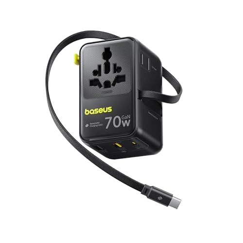 Baseus 70W Universal Travel Adapter with Retractable Cable, 6-in-1 International Plug Adapter, USB-C PD Fast Charging Worldwide Wall Charger for USA/EU/UK/AUS and Over 200 Countries – Enercore CG11