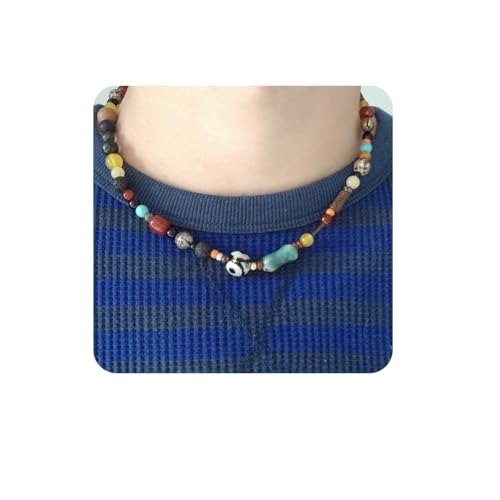 90s Beaded Necklace Color Surfer Crystal Stone Gemstone Wooden Bead Britpop Summer Choker Necklace for Men Women
