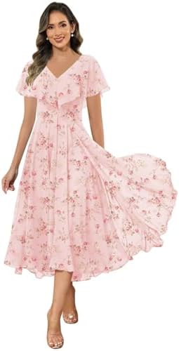 Elegant Chiffon Mother of The Bride Dresses Tea Length V Neck Ruc...