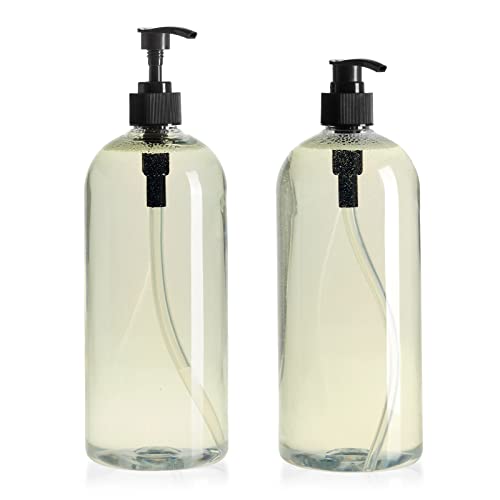 Okuna Outpost Empty Refillable Shampoo & Conditioner Pump Bottles - 34 Oz Clear Plastic with Black Pumps - 4 Pack Non-Spill Dispensers - Minimizes Waste & Refillable for Body Wash, Hand Soap & Lotion4