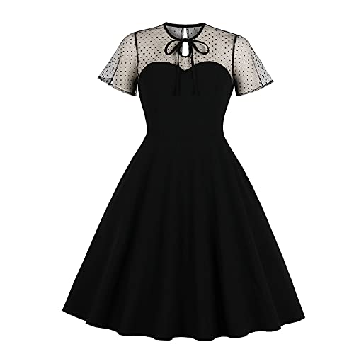 Women Dress Halloween Gothic Short Sleeve Punk Vintage A-Line Swing Dress Cocktail Prom Party Dress Black
