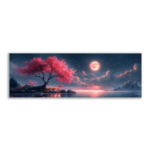 Fleurs japonaises peinture paysage rose lune impression nature panoramique decoration murale 20x60