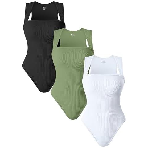 TOB Women's 3 Piece Bodysuits Sexy Ribbed Strappy Square Neck Sleeveless Shapewear Bodysuits Black Pea green White Cover
