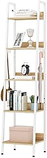 WOLTU 5-Shelf Bookcase, Industrial Shelves with 4 Hooks, MDF and Metal Ladder Shelving Unit for Living Room, Kitchen, Study, Office, White Frame, 40x36x170cm, RGB9289whe