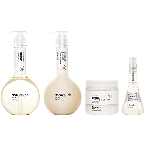 NatureLab Tokyo Perfect Shine Complete Set - Shampoo, Conditioner, Scalp Scrub & Oil Mist - Shiny Hair Products with Moisturizing Hyaluronic Acid & Iridescent Pearl, Cruelty- Free (4 Products)