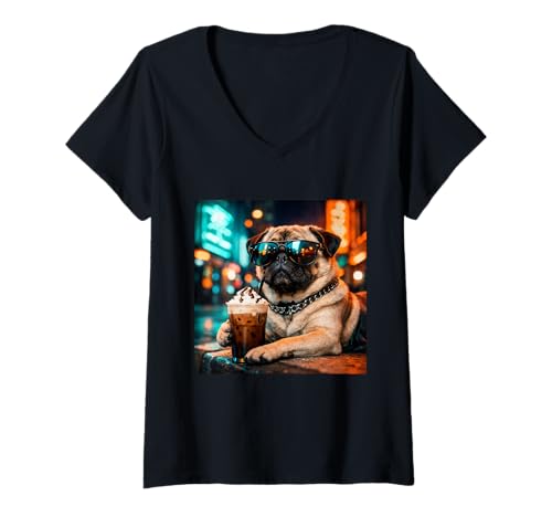 Women's Funny Pug Drinking Iced Coffee Cute Dog Meme V-Neck T-Shirt
