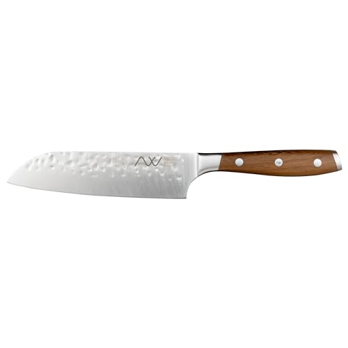 Rockingham Forge Ashwood 13.5cm Japanese Santoku Kitchen Knife - Ultra-Sharp German Stainless Steel Blade - Professional Chef Non-Stick Hammered Finish - Durable Full Tang Natural Wood Handle