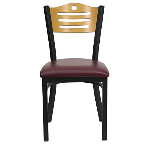 Image of Flash Furniture 2 Pk. HERCULES Series Black Slat Back Metal Restaurant Chair - Natural Wood Back, Burgundy Vinyl Seat