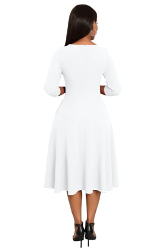 Nmoder Midi Dresses for Women A-Line Fit and Flare Dress 3/4 Sleeve V Neck Cocktail Wedding Guest Work Dress with Pockets4