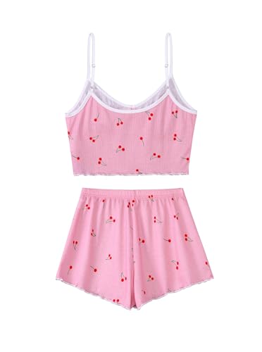 Image of Hilinker Womens Graphic Print Ribbed PJ Set Crop Cami Tops and Shorts Cute Pajamas Set