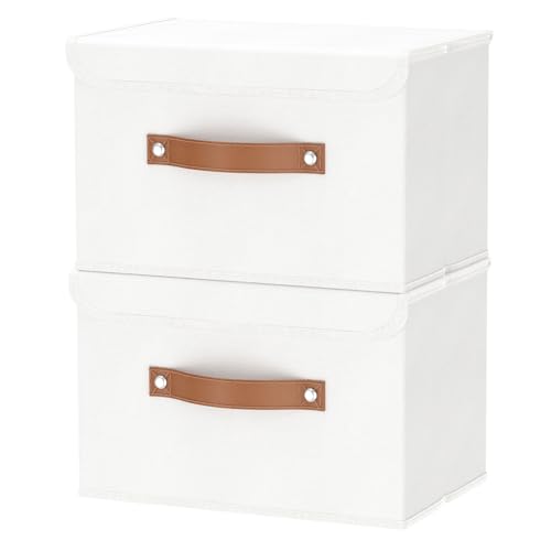 OUTBROS Caja Almacenaje con Tapa, Cubos de Tela Lavable, Juegos de Organizadoras con Tapa y Asa, Contenedores de Almacenamiento Plegable, 38 x 25 x 25 cm, 2 Unidades, Blanco