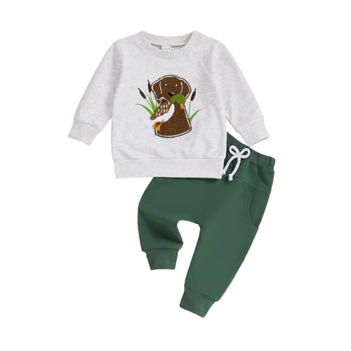 Toddler Baby Boy Hunting Outfit Embroidered Dog Mallard Duck Sweatshirt Long Sleeve T-Shirt Pants Set Fall Clothes