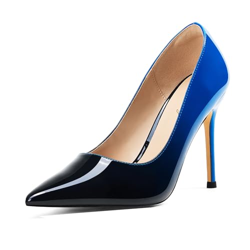 Elisabet Tang High Heels, Womens Pointed Toe Slip on Stilettos Party Wedding Pumps Basic Shoes Black Splice Blue 8.5