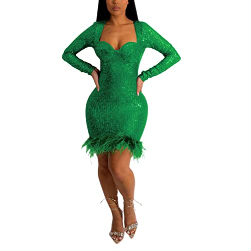 SMALAKAM Mint Green Sequin Prom Dress - Short One Shoulder Cocktail Gown With Long Sleeves, Plus Size US 22