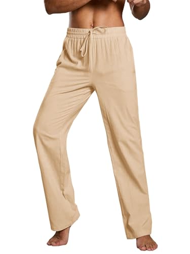Image of PASLTER Mens Cotton Linen Pants Casual Summer Beach Pants Dress Trousers | Loose Fit, Elastic Drawstring Waist, Lightweight, Straight-Legs, Slacks, Yoga, Work, Vacation, Quick Dry