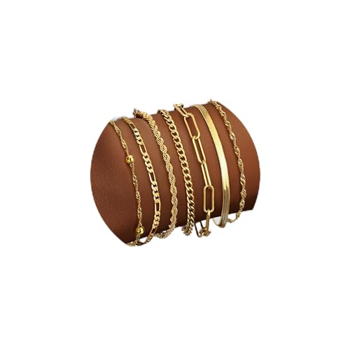 Dochais 5-7 Pcs Chain Bracelets for Women,18K Gold Plated Stacking Bracelets,Twist Figaro Herringbone Chain Bracelet Adjustable,Charm Bracelets Set Silver Gold (Gold (6 pcs)) Dochais 5-7 Pcs Chain Bracelets for Women,18K Gold Plated Stacking Bracelets,Twist Figaro Herringbone Chain Bracelet Adjustable,Charm Bracelets Set Silver Gold (Gold (6 pcs))