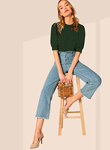 Image of Dream Beauty Fashion Women's Puff Sleeve Round High Neck Top Balloon Bishop Sleeve Elegant Casual Tee (23 inch Inches)- (Top Sofia P)