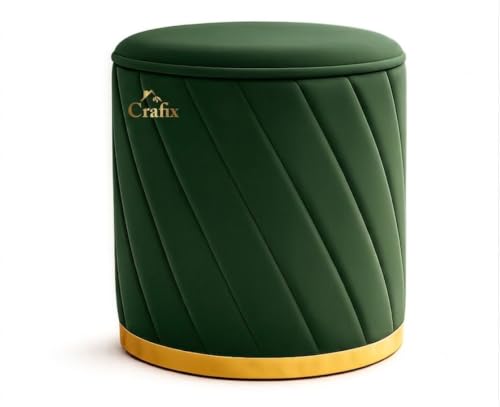 Image of Luxury Velvet Ottoman Stool for Living Room & Bedroom | Premium Round Pouffe with Gold Metal Base | Modern Footrest, Extra Seating & Home Decor (Green)