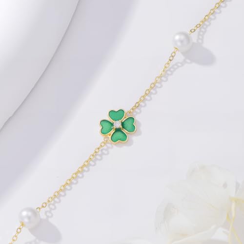 SISGEM Solid 14k Gold Four Leaf Clover Bracelet for Women, Real Pearl Lucky Hand Jewelry Gifts for Her, 6.2"-7.8"2