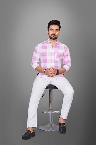 Image of Voroxy Men's Casual Checks Shirt with Pockets Cotton Blend Stylish Branded Checkered Pattern Formal Shirt & Regular Fit Full Sleeves and Spread Collar Style