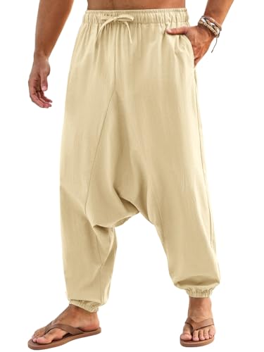 Runcati Mens Casual Harem Pants Baggy Hippie Yoga Cotton Linen Pants Drop Crotch Drawstring Beach Summer Trousers