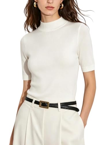 Image of Short Sleeve Mock Neck Turtleneck Sweater Tops Knit T Shirts Capsule Wardrobe Essentials