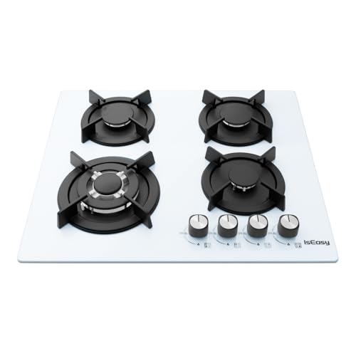 Plaque de Cuisson Gaz 4 Feux Blanc, Plaque Gaz 60 cm Encastrable, 7,8 kW, Gaz de Ville et Bouteille, Sécurité Thermocouple, Grille Fonte, Verre Blanc