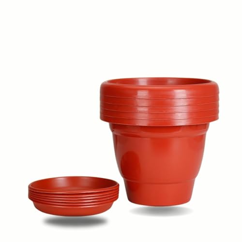 Image of Plant Pots | Plant pot with Bottom Tray | Plant Pots for Home | Pots for plants | Flower pots for Indoor & Outdoor | Plastic Pots with plates| 5 pieces , 18 inches , Red | With mark for Drainage Hole