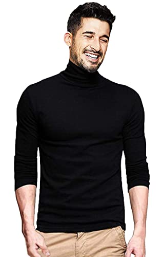 Image of LEOTUDE Men's Regular Fit Turtle High Neck Full Sleeve Cottonblend Solid Black T-Shirt
