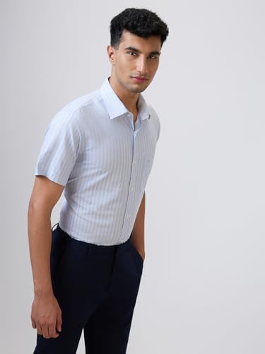 Image of Raymond Men Regular Fit Stripe Pattern Cotton Linen Blend Semicutaway Collar Half Sleeve Formal Shirt