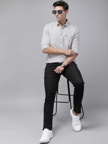 Image of THE BEAR HOUSE Men's Slim Fit Solid Flannel Cotton Casual Shirt | Grey | TBH-Amboy-GY