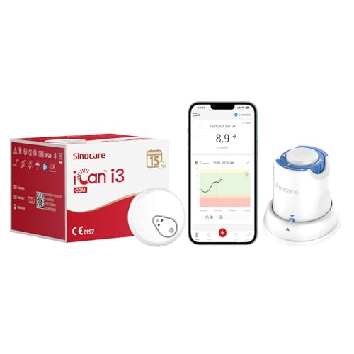 Sinocare iCan CGM, Continuous Glucose Monitor, 15 Days Wear-life & IP28, Every 3 Minutes Output Test Value Via iCan CGM App, Pack of 1 Sensor & Transmitter