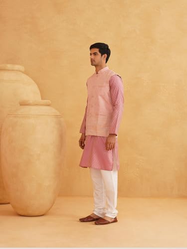 Sojanya (Since 1958 Men's Pink Woven Design Silk Blend Kurta With Pyjama & Pink Nehru Jacket