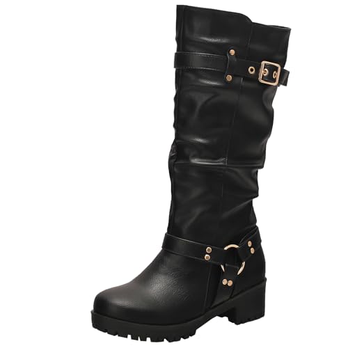 XIEPP Women's Leisure Knee High Boots with Metal Buckle and Slip on, Ideal for Winter Outfits, Black, 9