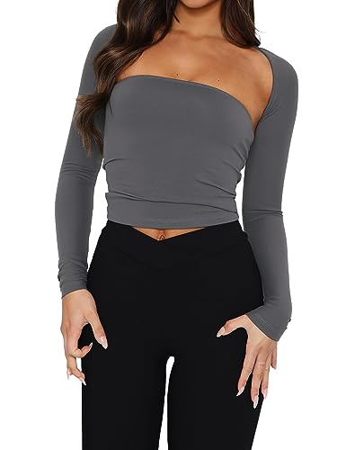 Image of Women 2 Piece Long Sleeve Y2K Cardigan Bolero Shrug Set Strapless Going Out Crop Top 2023 Fashion T-Shirt Tank Tops
