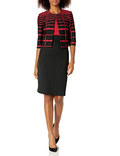 Danny and Nicole Danny & Nicole Women's Knit Window Pane Print Jacket Dress, Black/Garnet, 16