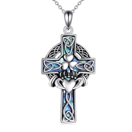 YFN Celtic Cross Necklace Sterling Silver Religious Cross Pendant Abalone Shell Cross Jewelry Christian Gift for Women Men