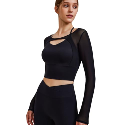 Harssidanzar Long Sleeve Yoga Shirts for Women Mesh Gym Athletic Tops Workout Shirts with Sports Bra CL304US4