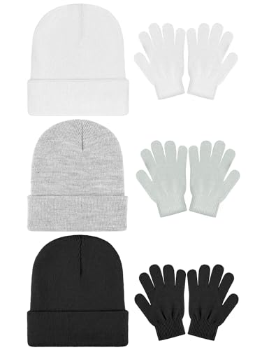 Image of Cooraby 6 Pack Kid's Winter Beanies Hat Full Fingers Gloves Set Skull Winter Caps Stretchy Gloves for Boys Girls
