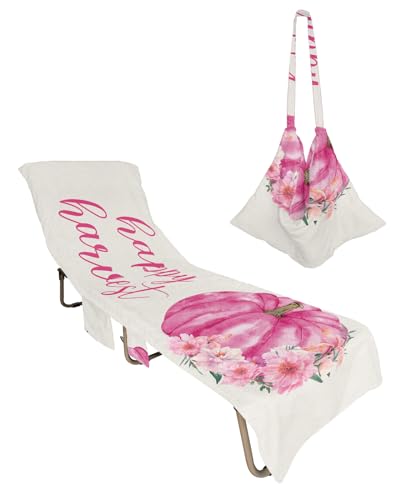 Fall Pink Pumpkin, Beach Lounge Chair Towel Cover, Soft Chaise Lounge Towel with Side Pockets Patio Pool Chairs Cover for Beach/Pool Sunbathing 29x85 Country Rustic Thanksgiving Autumn Flower