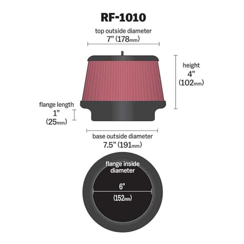 Image of K&N Universal Clamp-On Filter: High Performance, Premium, Washable, Replacement Engine Filter: Flange Diameter: 6 In, Filter Height: 4 In, Flange Length: 1 In, Shape: Round Tapered, RF-1010