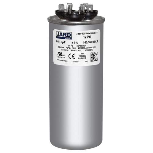 (2) Pack, 60 + 5 uF x 370 or 440 VAC - Jard # 12794 Round Dual Run Capacitor