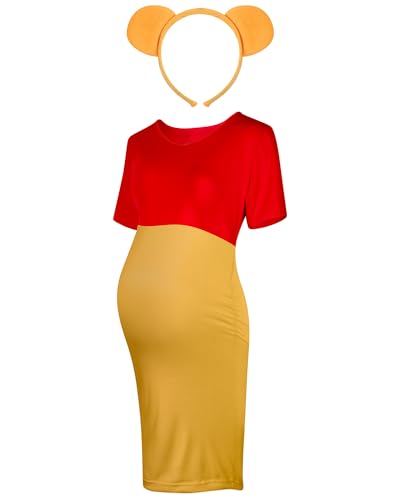 Geyoga 2 Pcs Halloween Bear Costume Kit Red and Yellow Maternity Dress Ear Costume Headband Ear Hair Hoop for Cosplay (Small)